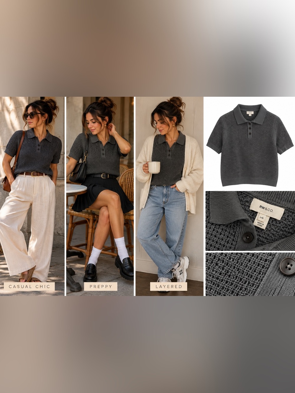 RW&CO. Charcoal Short-Sleeve Knit Polo Sweater